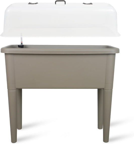 Dexceder 13.2 Gallon Self Watering Raised Garden Bed with Ventilation Transparent Lid Greenhouse, Deepen Vegetable Flower Box Planter Pot with Removeble Legs&Water Level Indicator (Light Brown)