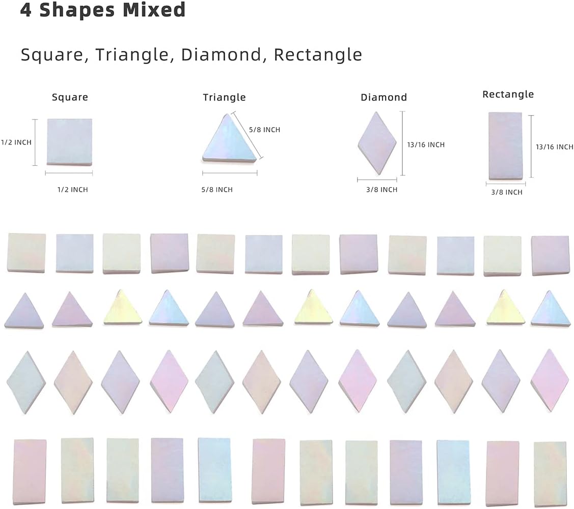 Lanyani Glass Mosaic Tiles for Art Crafts,4 Shapes Mixed Tiffany Stained Glass Pieces,200 Pieces,Square/Rectangle/Diamond/Triangle,Iridescent White