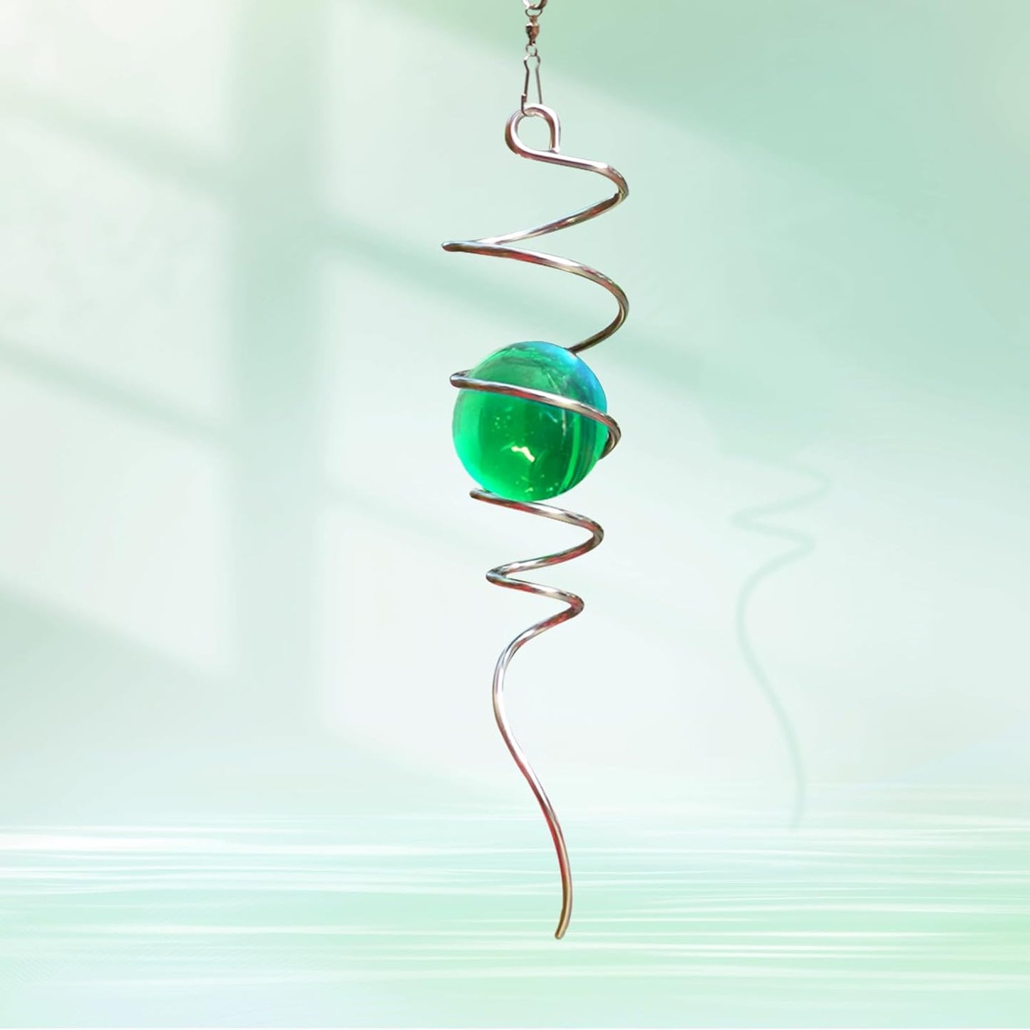Wind Spinner Tail, Wind Spinners Stabilizer with Green Glass Orb, Gazing Ball Spiral, Sun Catcher Rainbow Maker Hanging Decoration Decor for Yard Garden, Saint Patrick's Day Gift Ideas