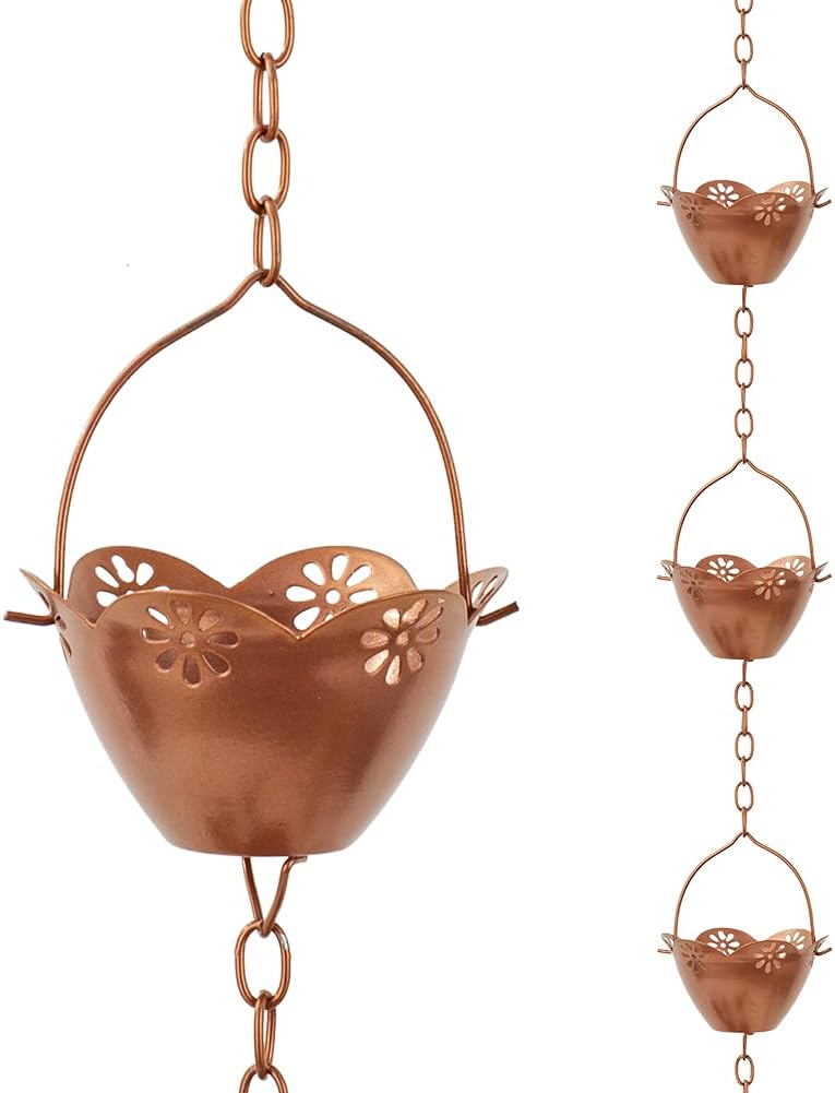 8.2 ft Rain Chain, Lotus Rain Chains for Gutters with 10 Cups, Adjustable Copper Rain Catcher Chains with Bell for Gutters, Eaves, Drainage, Replacement Downspout