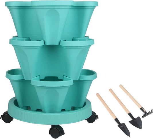 DUNCHATY Stackable Planter, Vertical Garden Planter with Wheels and Tools, Self Watering Strawberry Planter Indoor/Outdoor 3 Tier Herb Planter Pots for Growing Vegetables and Succulents, Teal