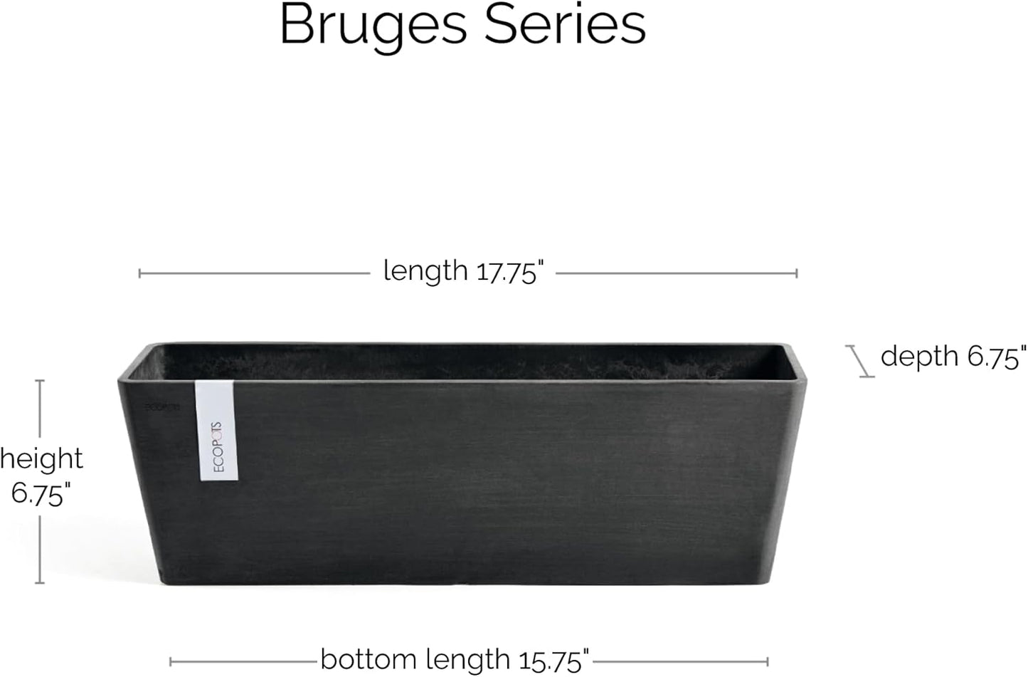 Ecopots Bruges Durable Modern Rectangular Indoor/Outdoor Recycled-Based Composite Flower Pot Planter, Dark Grey, 17.75"