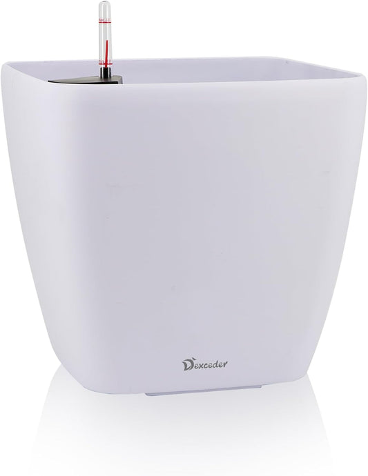 Dexceder 18x17 Self Watering Planter with Wheels Indoor Outdoor, Inner Mat Design, Thickened Large Floor Standing Flower Plant Pot with Water Level Indicator (White Matte)