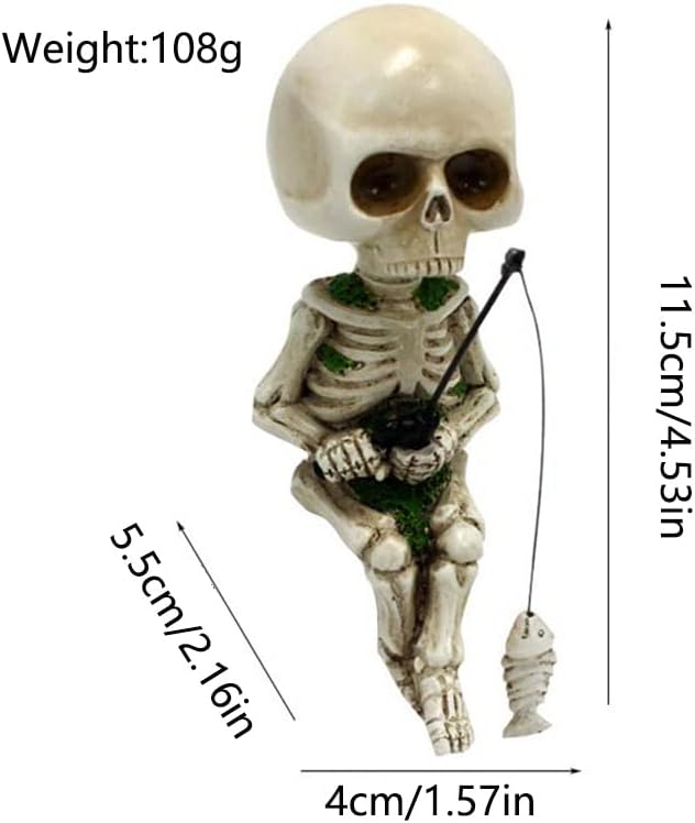 Fishing Skeleton Statue Halloween Decorations, 4.5 Inch Cute Sitting Skull Figurine Shelf Sitter Resin Sculpture for Outdoor Garden Yard Lawn Pond Waterfalls Pool Ornaments
