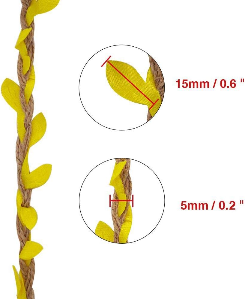 66 Feet Total Burlap Yellow Leaf Ribbon 2 Rolls 5mm Natural Jute Vine with Artificial Leaves Ribbon for Crafts Jungle Party Wedding Garden Home Decoration Twine