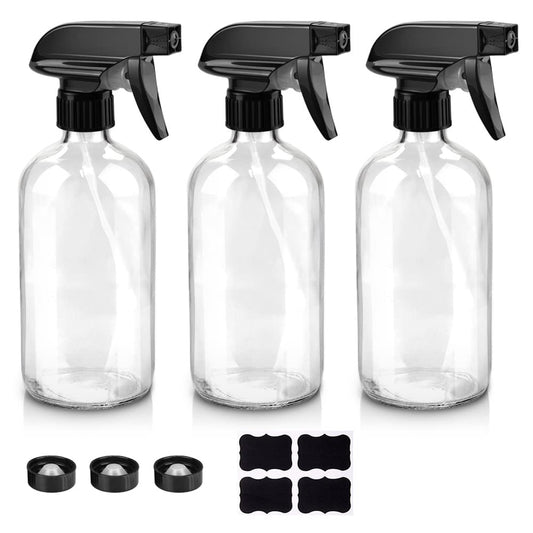Glass Spray Bottles, 16oz Clear Glass Spray Bottles with Labels & Adjustable Nozzle, Reusable Containers for Cleaning, BBQ, Food, Plants, Alcohol, Essential Oils(3 Pack)