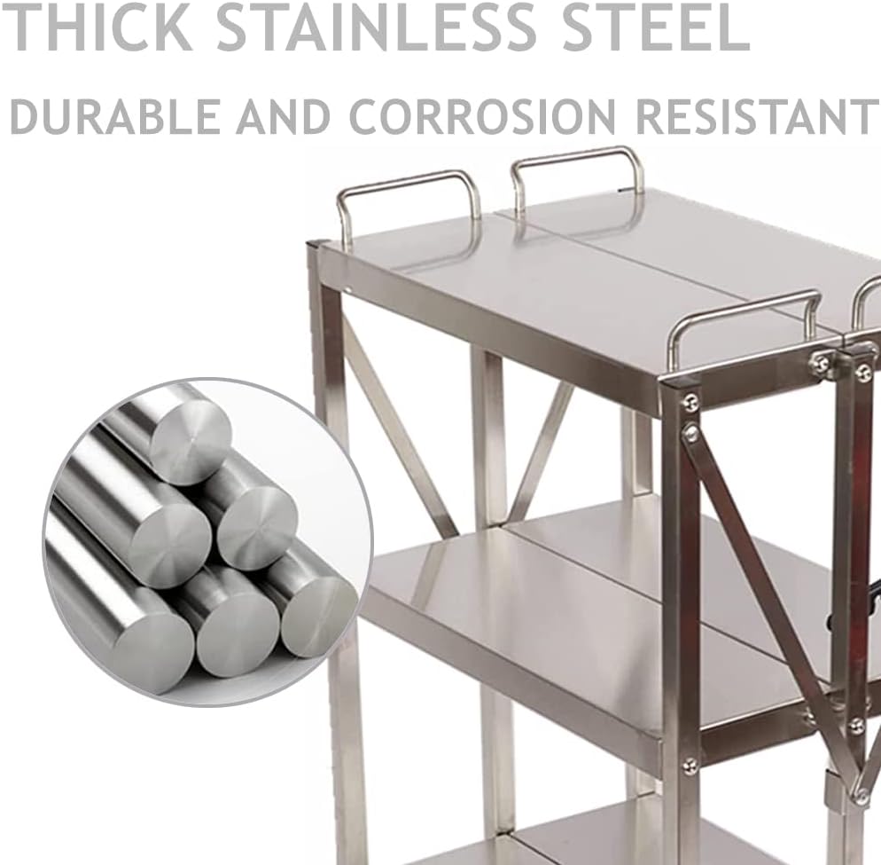 tonchean 3 Shelf Stainless Steel Folding Utility Cart, Collapsible Serving Cart with Wheels, 300lbs Commercial Kitchen Trolley Cart for Restaurant Hotels 25”L x 15.8”W x 37.8”H