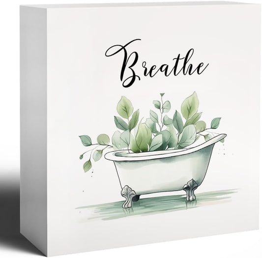 Breathe Funny Bathroom Wooden Box Sign, Eucalyptus Botanical Wood Signs for Restroom Bathroom Toilet Half Bath Shelf Counter Decor, 5x5 Inch