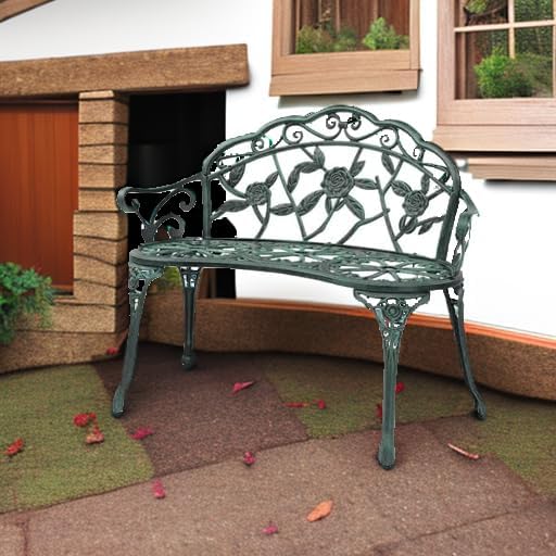 VINGLI 38.5" Patio Park Garden Outdoor Metal Rose Bench,Cast Iron Cast Aluminium Frame Antique Finish Chair,Accented Lawn Front Porch Path Yard Decor Deck Furniture for 2 Person Seat（Green&Black