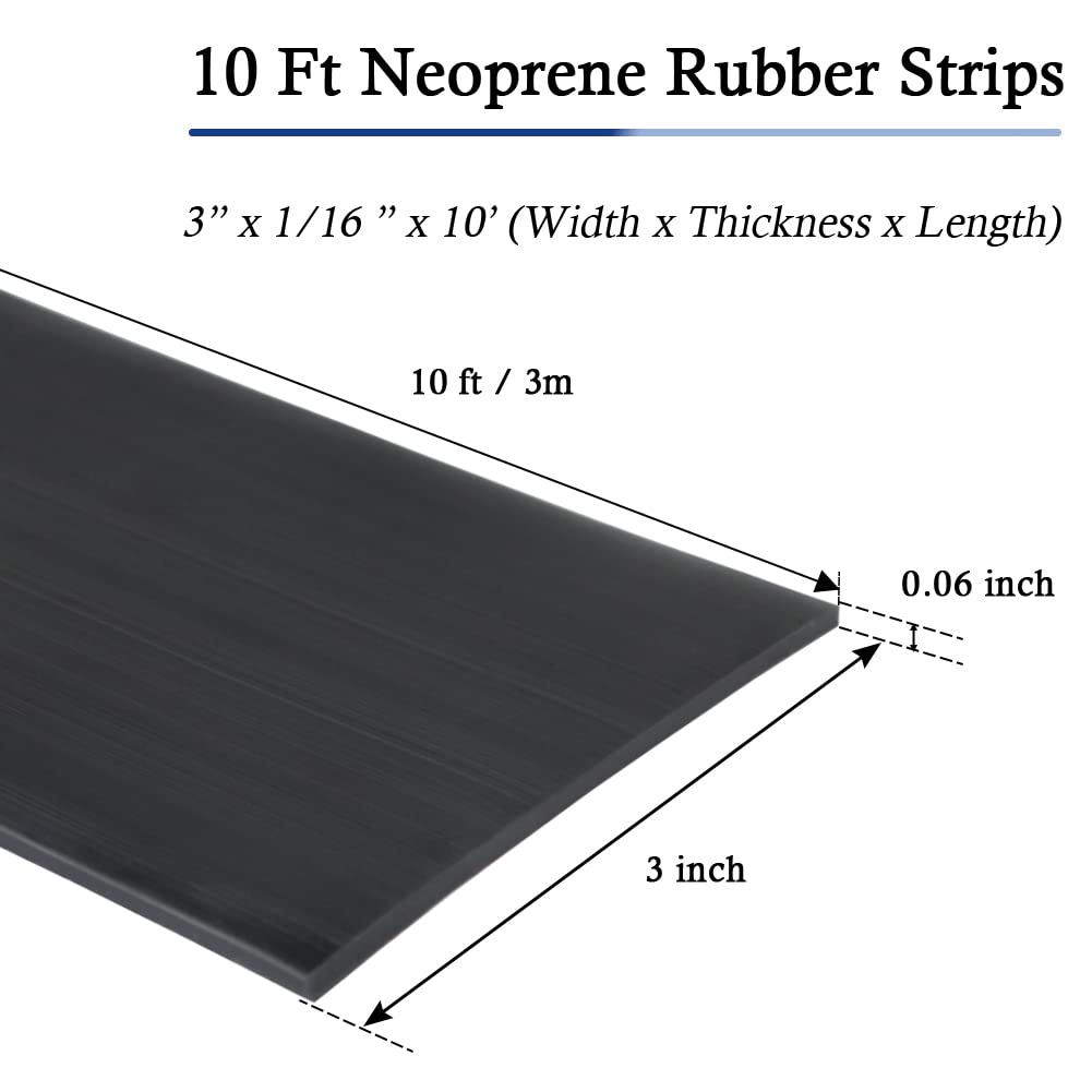 Neoprene Rubber Strips Self Adhesive Solid Rubber Sheets, Rolls & Strips for DIY Gaskets Crafts Pads Seals Warehouse Flooring Neoprene Sheet with Adhesive Backing (3" Wide x 1/16" Thick x 10' Long)