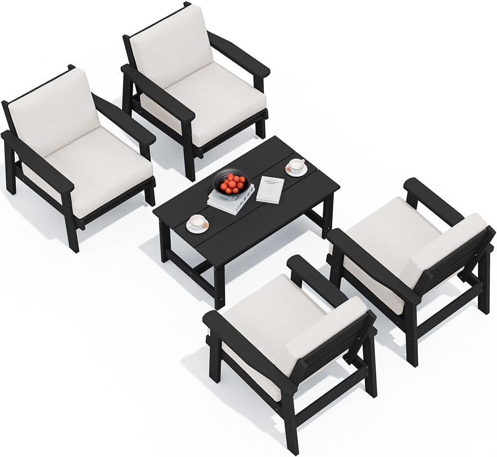 SERWALL Outdoor Patio Furniture Set, 5 Piece HDPE Patio Conversation Sets, All-Weather Wood-Like Outdoor Couch Loveseat and Coffee Table with Thick Cushions for Porch Balcony Garden Backyard