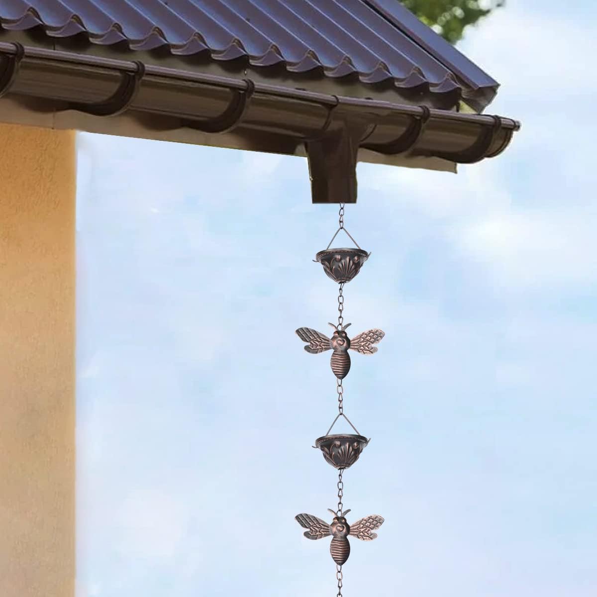 8.5Ft Bee and Cup Rain Chain Outdoor Decorative Rain Gutter Drain Rain Catcher Gutter Chain