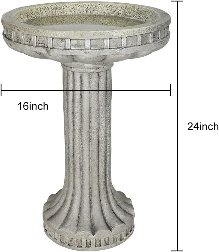 SunJet 24” H x 16” Dia Outdoor Birdbath with Classical Pedestal - Fibre Reinforced Concrete Birdbaths, Vintage Design for Garden Decor & Bird Attraction