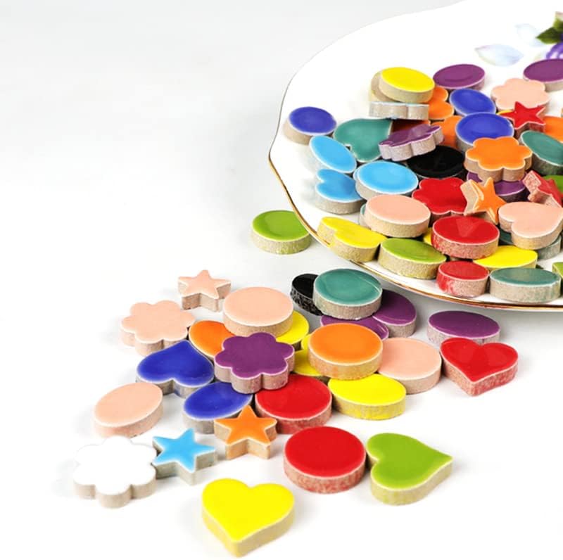 500g/1.1lb Random Color Irregular Ceramics Mosaic Tiles,DIY Making Creative Ceramic Mosaic Tiles for DIY Craft Plates Flowerpots Vases Cups Mosaic Making Supplies (Flowers+Round+Heart+Pentagram+Oval)