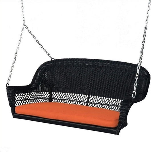 Pemberly Row Wicker Porch Swing in Black with Orange Cushion