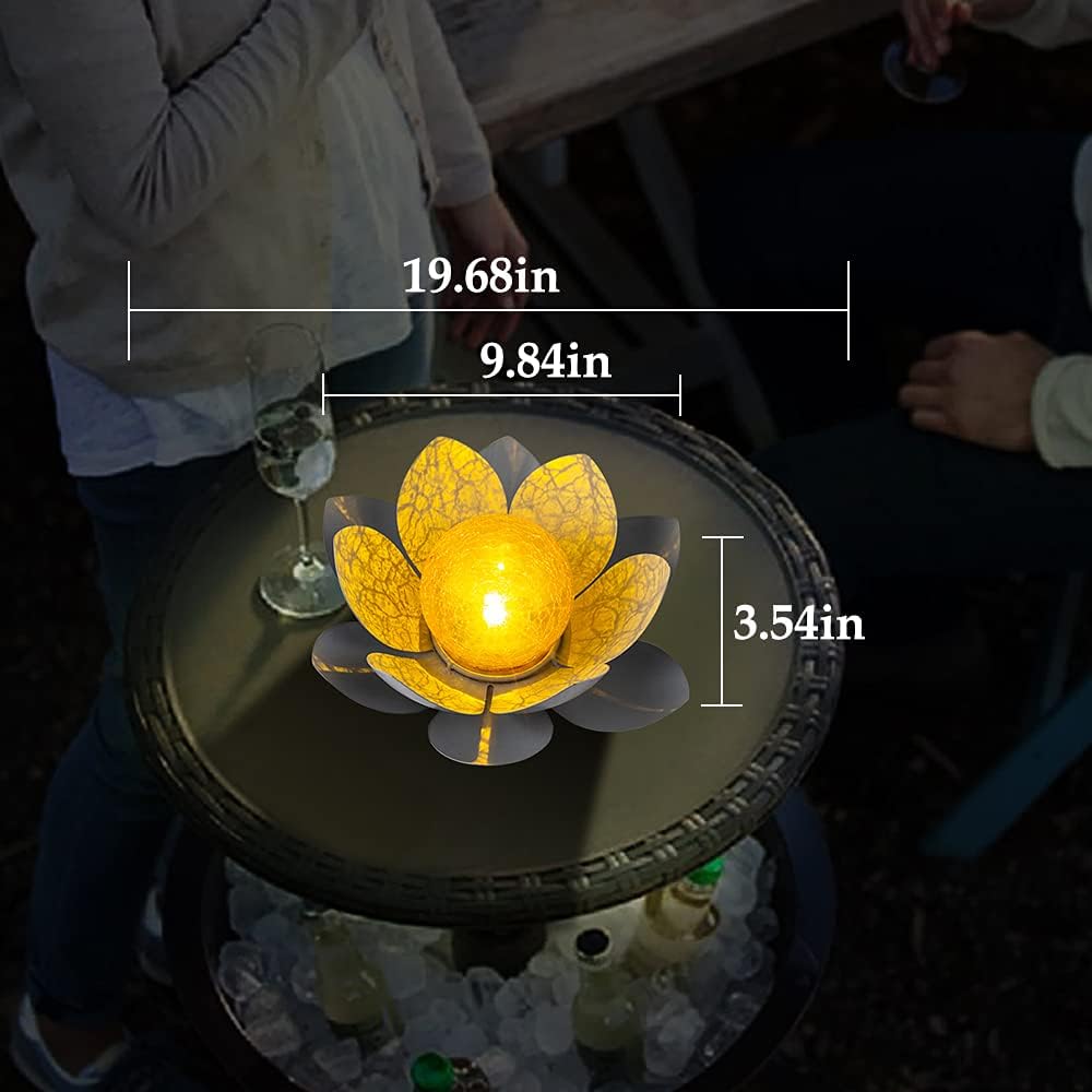 Huaxu Solar Lights Outdoor Garden Decor , Amber Crackle Globe Glass Lotus Decoration,Waterproof Gray Metal Flower Light for Patio,Lawn,Walkway,Tabletop,Ground