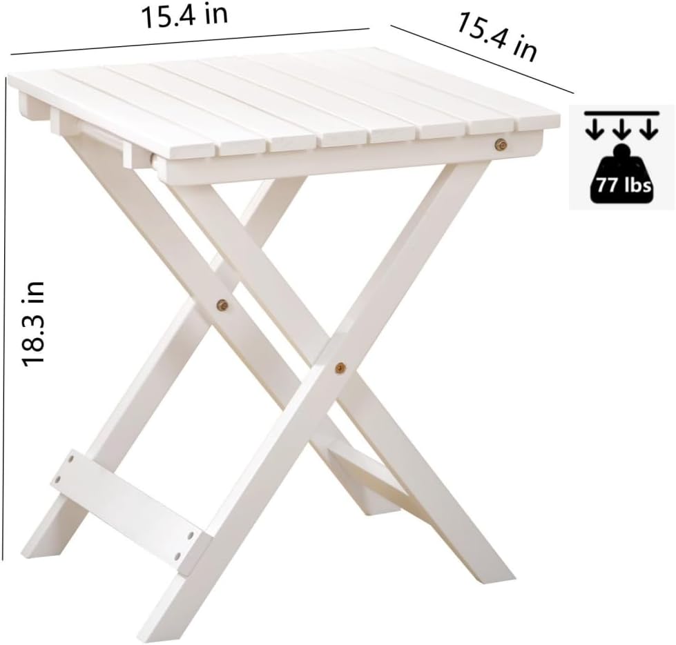 Small Side Table Square Folding, Patio Foldable Wooden End Table for Outdoor Indoor Porch Camping Living Room Bedroom, as Coffee Table or Plant Stand, White