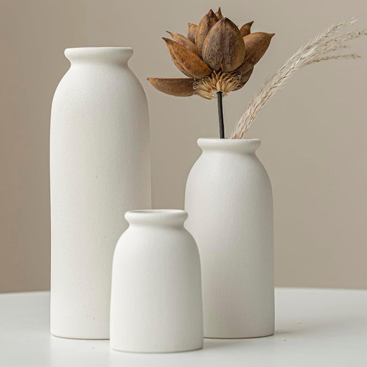 Ceramic Vase Set-3, Small Flower Vases for Decor, Modern Boho Farmhouse Style, Decorative Shelf Vases for Pampas Grass & Dried Flowers, Distressed Finish (White)