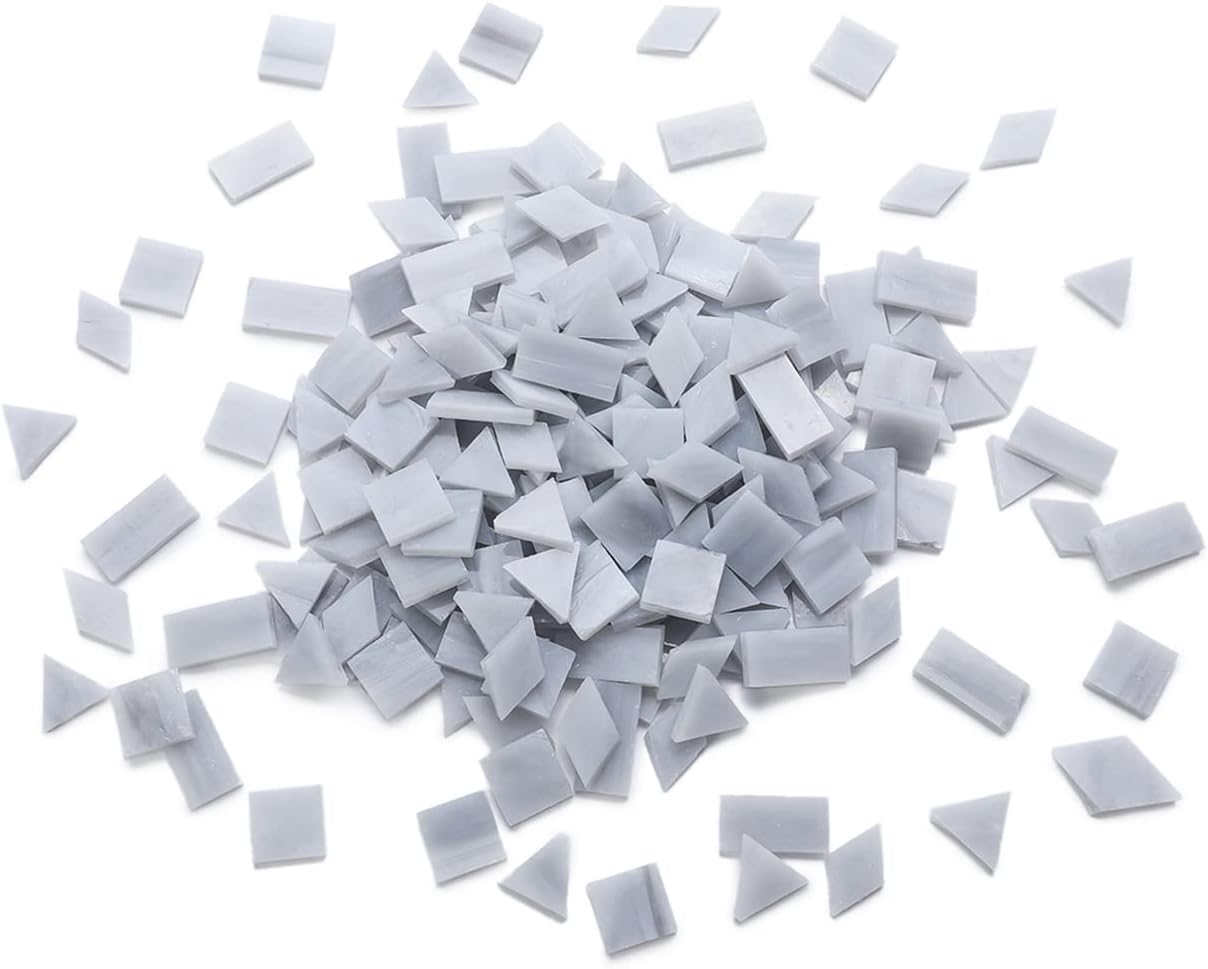 Lanyani 200 Pieces Glass Mosaic Tiles, 4-Shapes Mixed Stained Glass Pieces Tile for Crafts,Light Grey