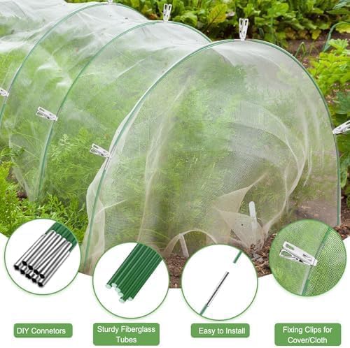 Garden Hoops 7ft Grow Tunnel, 30pcs Greenhouse Support Hoops Rust-Free Frame for Garden Netting Raised Beds Row Cover Fabric, 6 Set DIY Fiberglass for 3 & 4 Ft Wide, 18pcs Clips