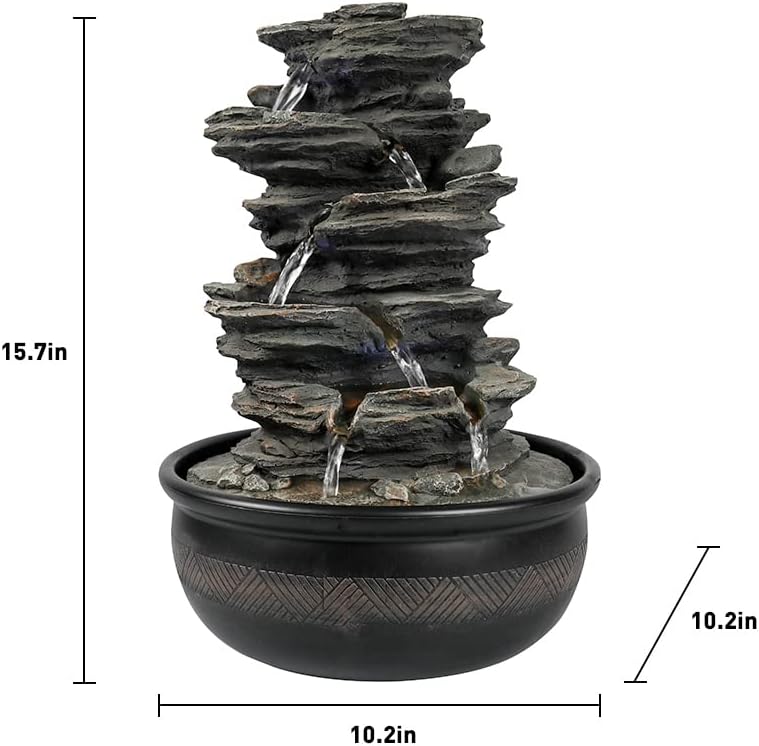 15.7” High Rock Falls Tabletop Water Fountain with LED Lights - 5-Tier Indoor Relaxation Waterfall Fountain, Small Cascading Water Feature for Home and Office Decor Gray-1