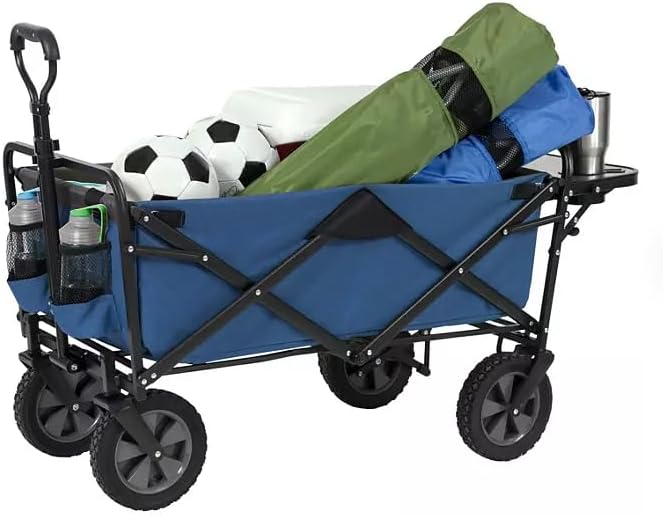 Heavy Duty Steel Frame Collapsible Folding Wagon with Table,150 Pound Capacity Outdoor Camping Garden Utility Wagon Yard Cart (Blue, 1PACK)