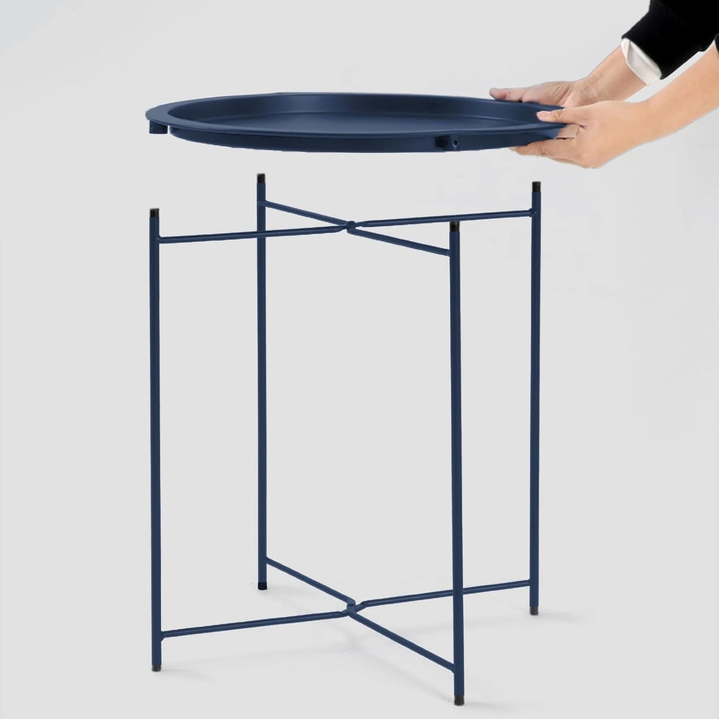 Garden 4 you End Table Metal Side Table Blue Round Folding Tray Cyan Sofa Small Accent Fold-able Table, Round End Table Tray, Next to Sofa Table, Snack Table for Living Room and Bed Room