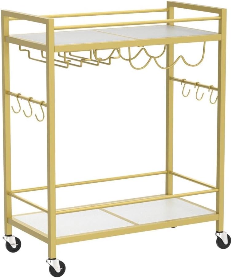 TUTOTAK Bar Cart, Serving Cart for Home, Drink Cart, Mobile Kitchen Shelf with Wine Rack and Glass Holder, Rolling Beverage Cart, Gold BC01BB031