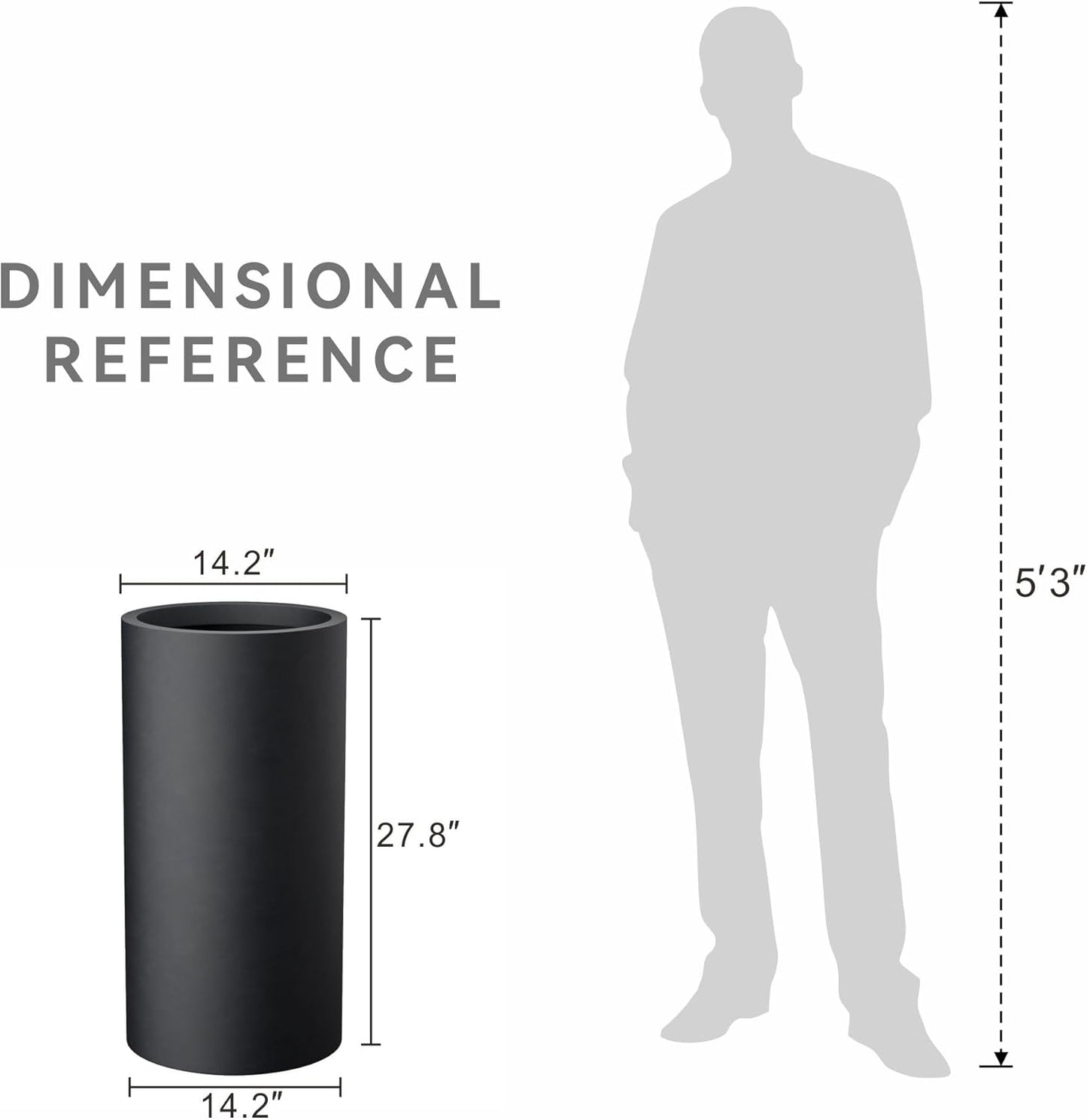 Kante 27.8 Inch Tall Cylindrical Planter, Large Round Plant Pots with Drainage Hole, Made with Concrete, Suitable for Indoor Outdoor Plants, Home Decor, Black