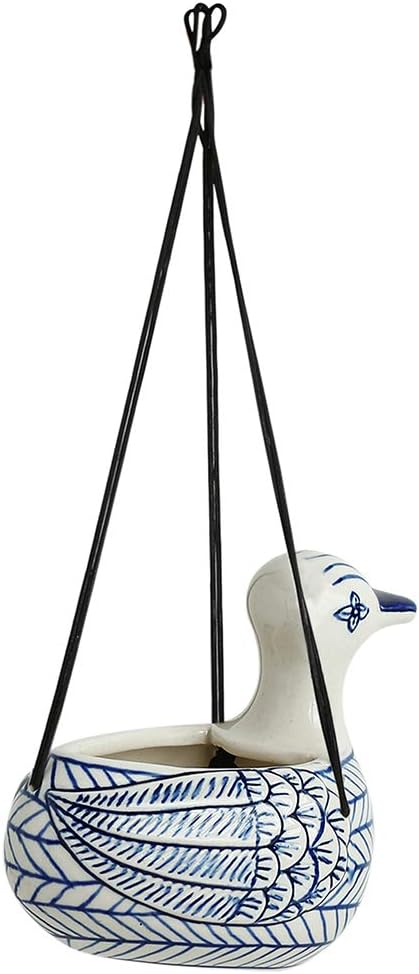 ExclusiveLane Duck' Hand-Painted Ceramic Hanging Planters for Indoor, Outdoor Plants, Flowers | Hanging Planter for Balcony, Home Décor, Garden, Living Room (Indigo Blue & White)
