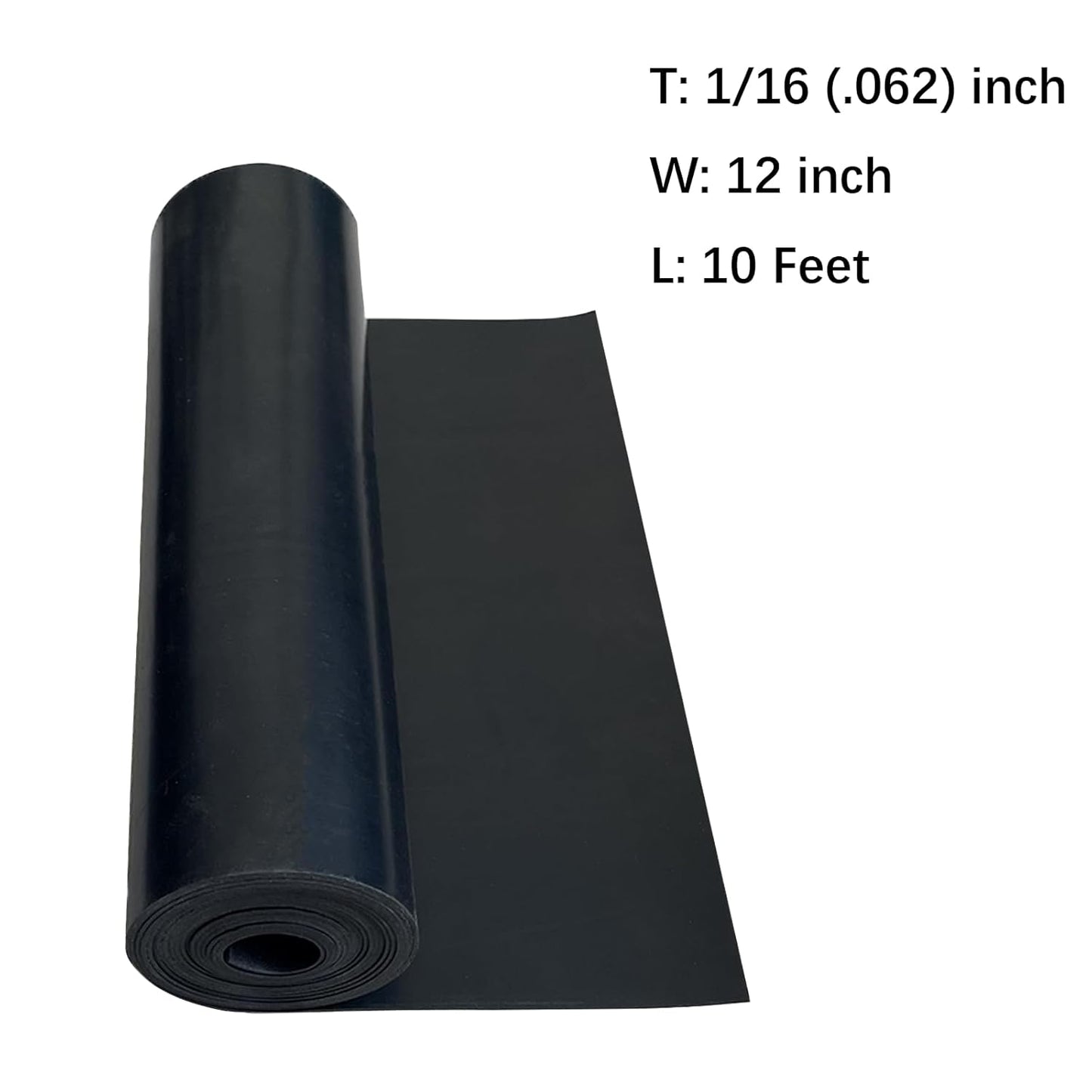 Solid Rubber Sheet, Rolls, Strips 1/16 (.062)" Thick X 12" Wide X 10'Long, Solid Rubber Rolls for Warehouse Anti-Slip, Flooring, Abrasion