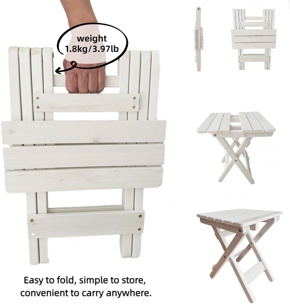 Outdoor Side Table, No Assembly Folding Wooden End Table for Outside or Indoor, Small Patio Tables for Camping, Pool, Bathroom, Backyard and Porch (White)