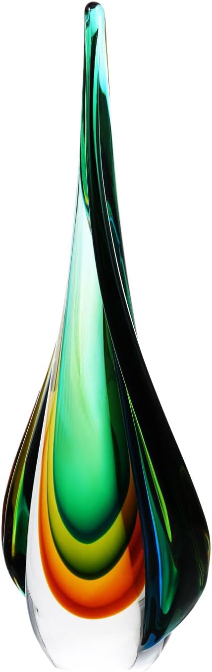Luxury Lane Hand Blown Green Flame Teardrop Sommerso Art Glass Sculpture for Home Decor 10 inch Tall Centerpiece Table Decoration