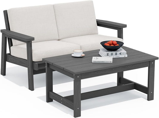 SERWALL Outdoor Loveseat, Grey Frame and Khaki Cushion