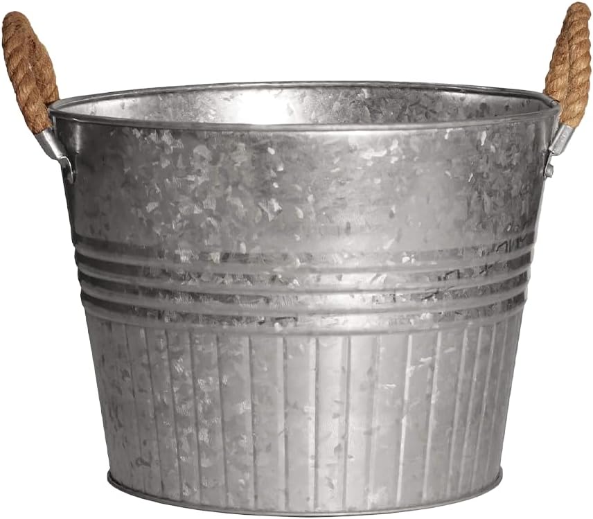 Headwind Round Galvanized Bucket w/Rope Handles – 10 Inch Metal Tub Bucket Planter for Outdoor Plants with Drainage Hole – Galvanized Large Outdoor Planters Buckets by Robert Allen