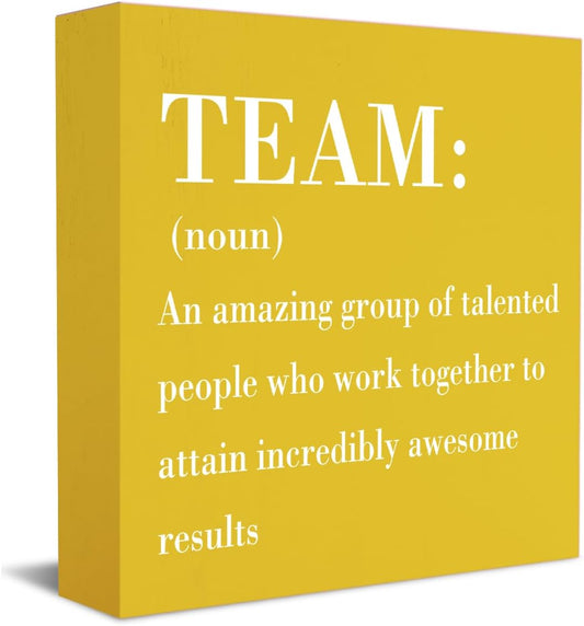 HTBIG Inspirational Team Noun Office Decor Desk Decor Wooden Box Sign, Rustic Black Wood Plaque Box Sign for Home Office Desk Shelf Table Decoration Coworker Gift Team Sign, Yellow