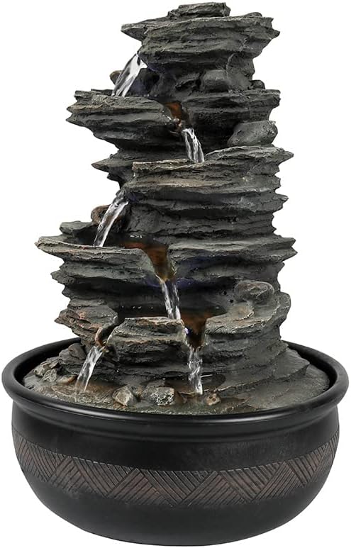 15.7” High Rock Falls Tabletop Water Fountain with LED Lights - 5-Tier Indoor Relaxation Waterfall Fountain, Small Cascading Water Feature for Home and Office Decor Gray-1