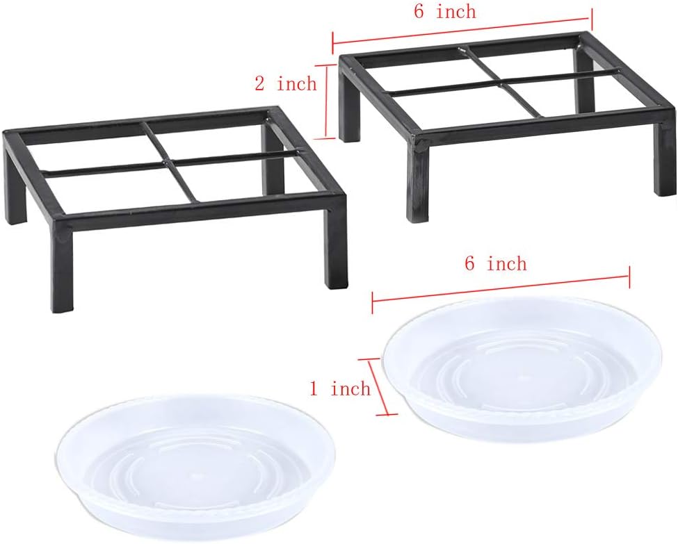 6" Small Metal Duty floor Potted Plant Stand Flower Pot Holder with Saucer Indoor Outdoor Rustproof Iron Garden Container Square Supports Rack for Planter ,2 Pack(back color )