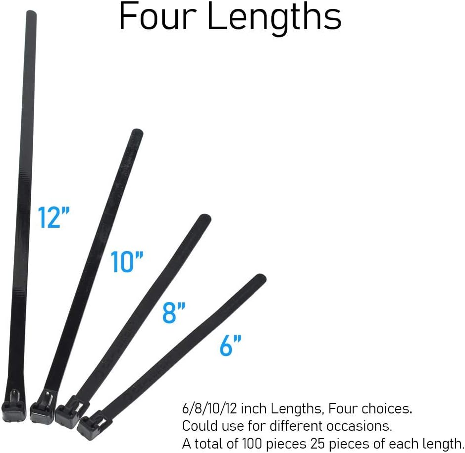 Reusable Zip Ties, 100 Pcs Assorted Fastening Cable Zip Ties 6" 8" 10" 12" Four Length Heavy Duty Nylon Self Locking Wire Ties