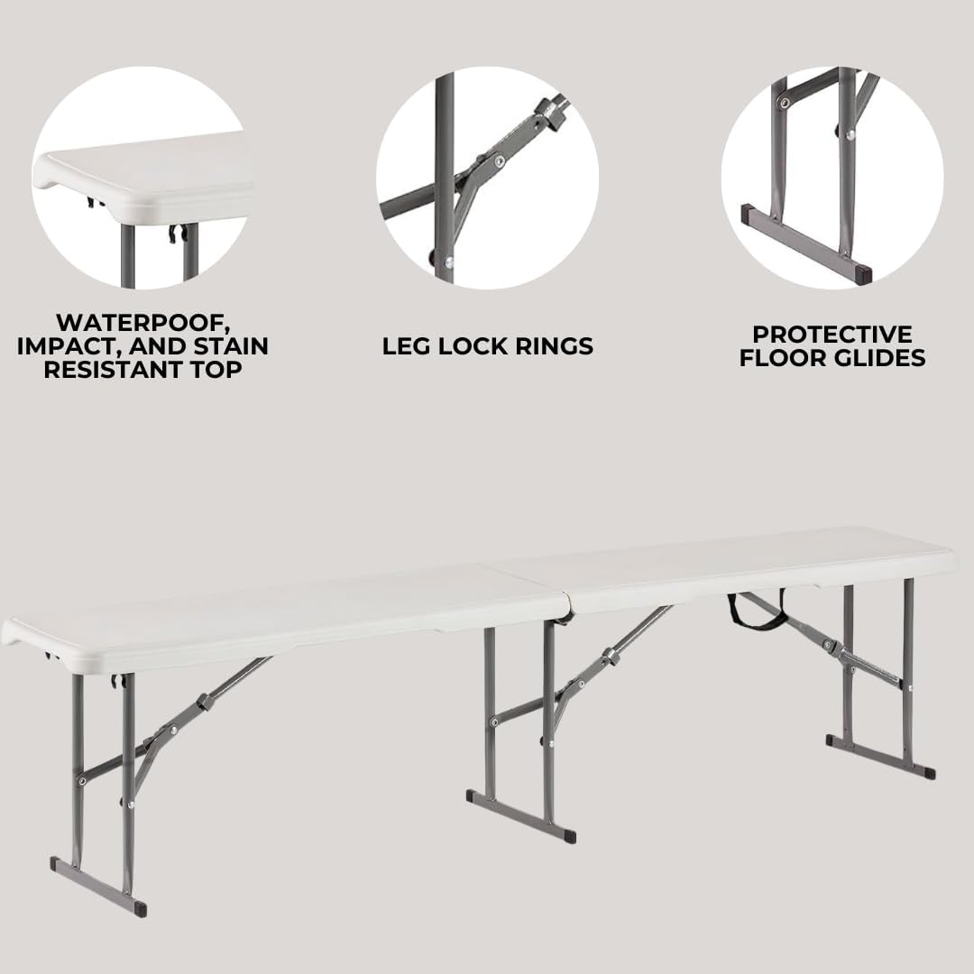Plastic Folding Bench - Portable Bench Used for Indoor, Outdoor, Picnic, Party, Camping, Dining Seat, Garden Soccer Multipurpose Entertaining Activities, White (2, White, 6 Feet)