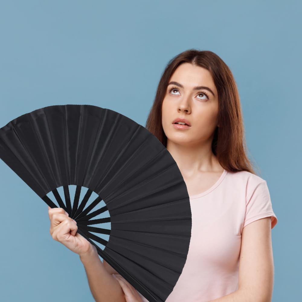 8 Pack Large Folding Hand Fans for Women/Men, Kungfu Taichi Rave Folding Fan with Bag, Large Popping Clacking Fans for Line Dancing, Concert, Party, Festival, Home Decorations(Black)