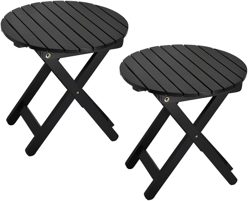 Small Round Folding Side Table Set of 2, Patio Foldable Wooden End Tables for Outdoor Indoor Porch Camping Living Room Bedside Couch, as Coffee Table or Plant Stand, Black