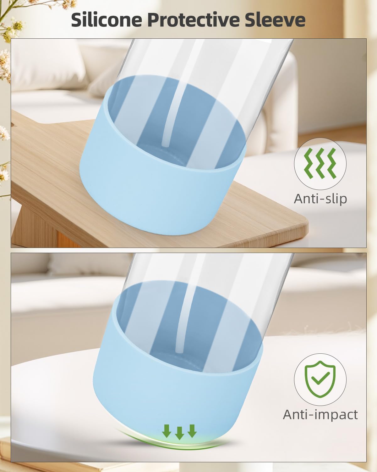 4 Pack Glass Spray Bottles 8 oz, Empty Refillable Containers with Silicone Sleeve Protection, Glass Spray Bottles for Cleaning Solutions, Hair and Plants with Adjustable Nozzles Blue&Grey