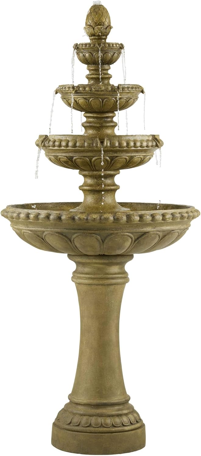 Sag Harbor 66" High Large Italian Outdoor Decor Sand Stone Floor Fountain with Light LED Waterfall 4-Tier Standing Basin Water Feature for Outside Garden Patio Yard Backyard Porch - John Timberland