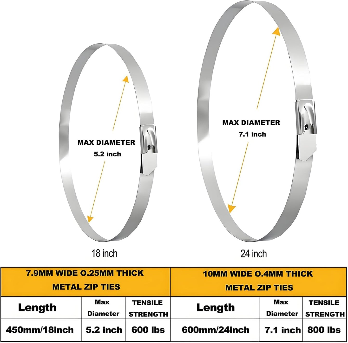 Metal Zip Ties Heavy Duty Outdoor, 800 Lbs 24 Inch Stainless Steel Zip Ties, 40 Pcs Self-Locking Metal Cable Ties, Strength, Ideal for Exhaust Wrap, Cables, Farms, Pipes, Roofs and Outdoor Fence