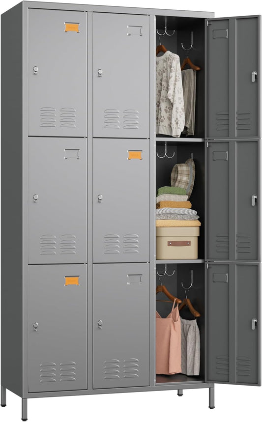 9 Doors Metal Locker with 27 Hooks and Business Card Holder,Metal Lockers for Employees with Ventilation Holes for School Office Gym Garage,Assembly Required,Dark Grey