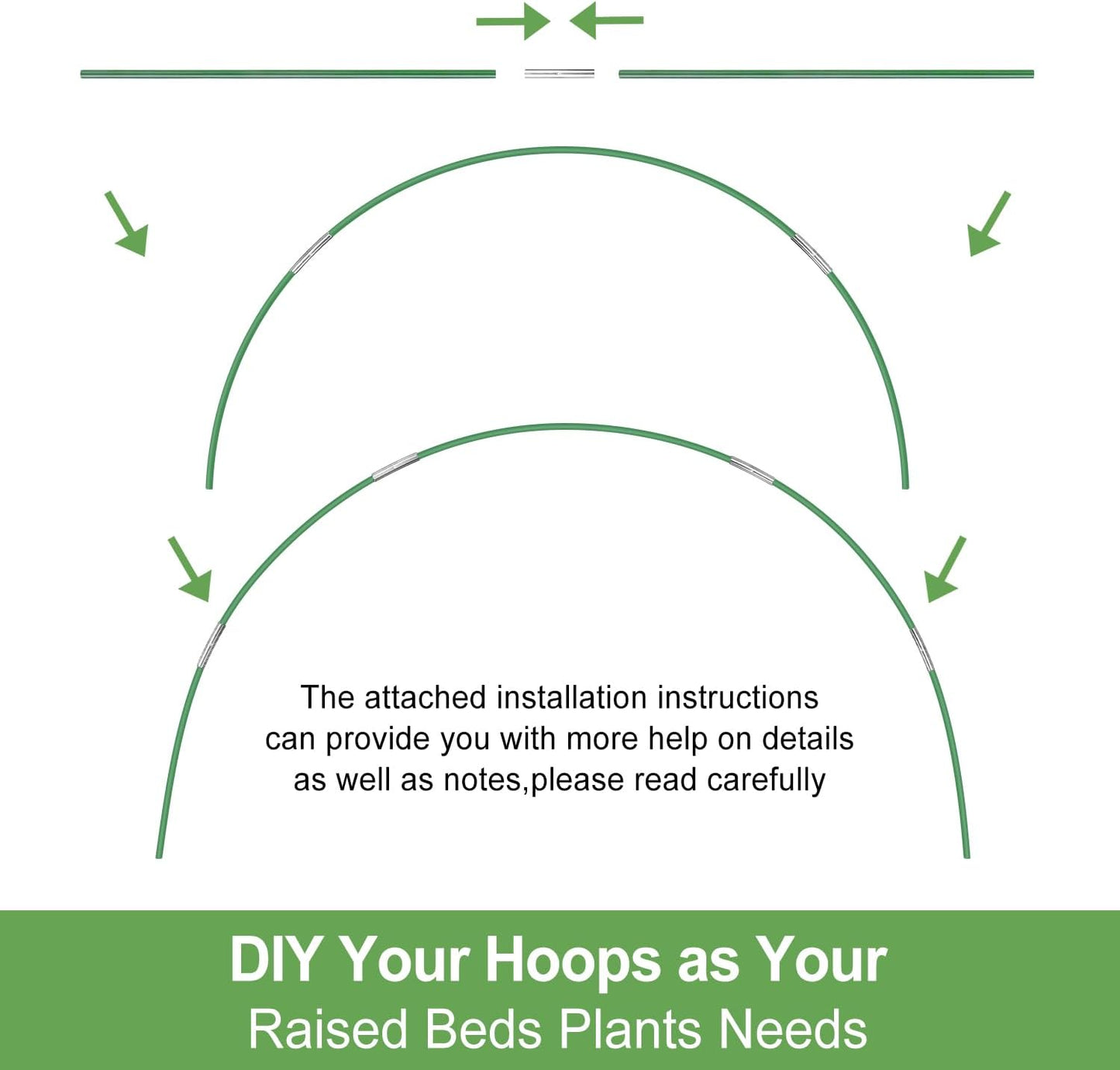 Garden Hoops for Raised Beds, 50pcs 7ft Grow Tunnel Greenhouse Support Hoops Rust-Free Frame for Garden Netting Row Cover Fabric, 10 Set DIY Fiberglass for 3 & 4 Ft Wide, 30pcs Clips