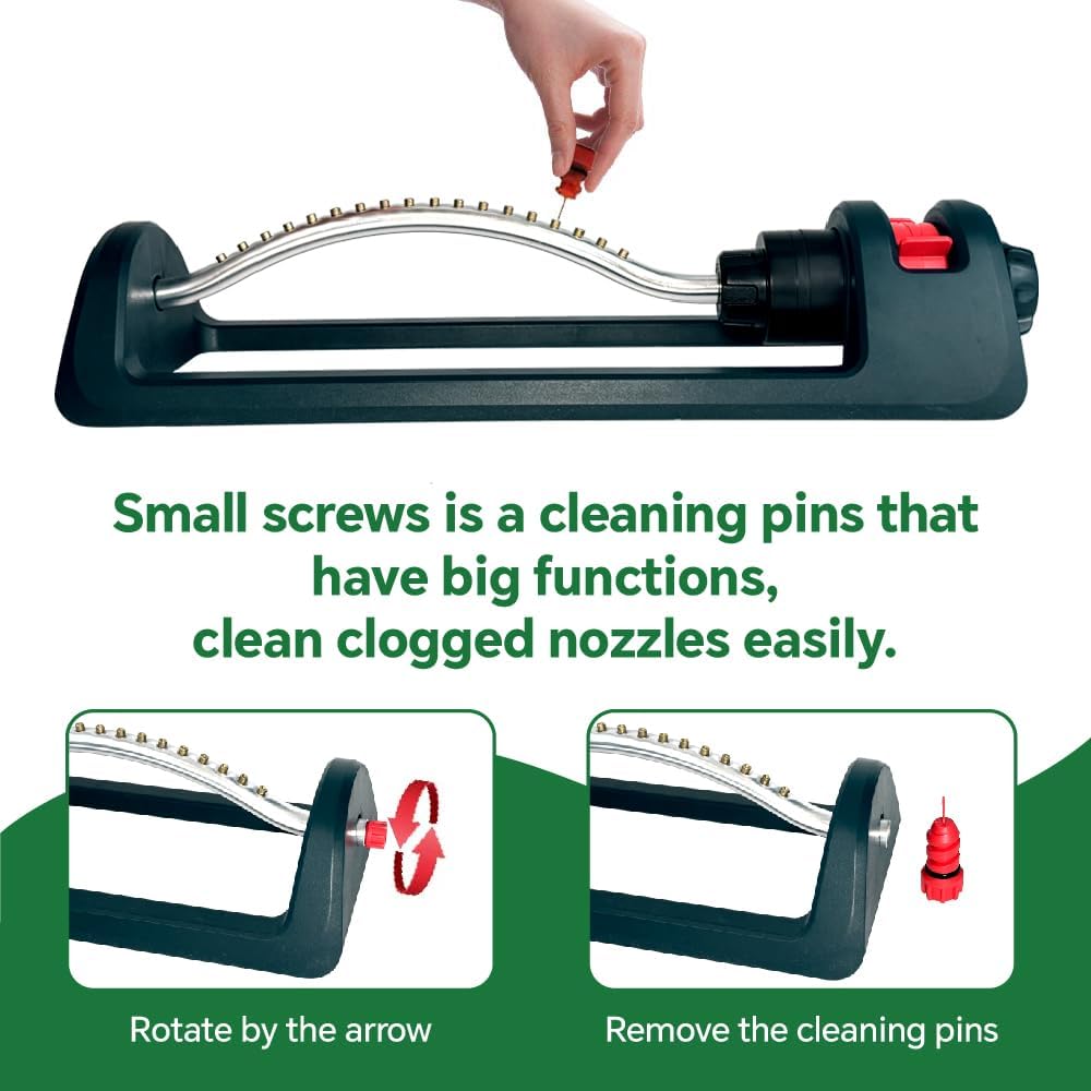 Lawn Sprinkler, 18 Brass Nozzles Garden Water Oscillating Sprinkler for Yard Covers up to 3,600 sq.ft, Heavy Weight Base, Built-in Spray Jet Cleaning Needle