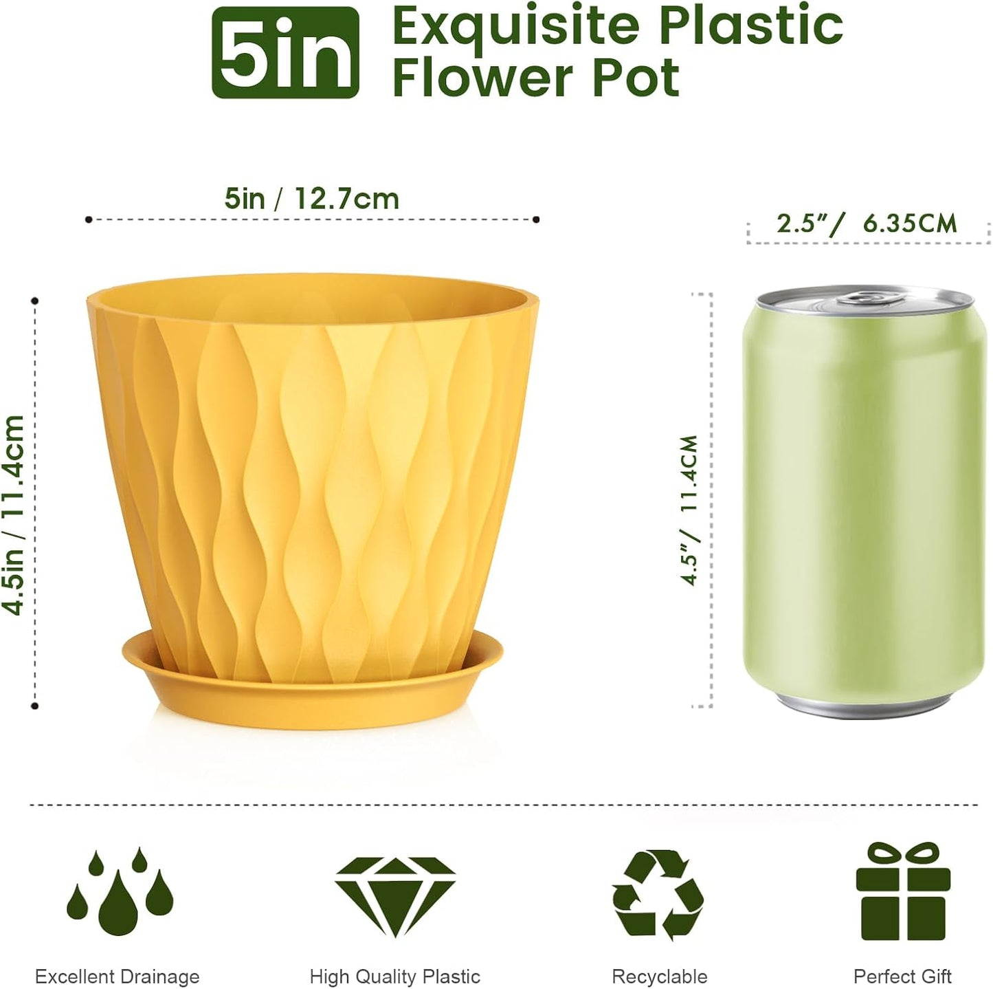 5 inch Plant Pots for Indoor Outdoor Plants, 6 Pack Thick Nursery Pots with Drainage Holes and Saucers, 3D Modern Wave Texture Small Plastic Planter Flower Pots, Multicolor