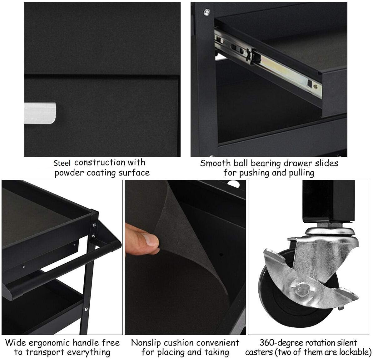 Goplus 3 Tier Rolling Tool Cart, 330 LBS Capacity Heavy Duty Utility Cart Tool Organizer with Storage Drawer, Industrial Commercial Service Tool Cart for Mechanics, Garage, Warehouse & Repair Shop